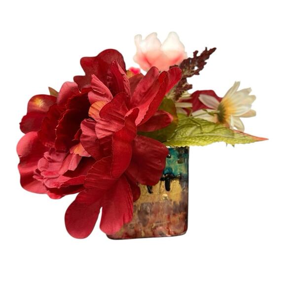 Abstract Hand Painted Gold Blue Pink Silver Glass Vase - Picture 3 of 4